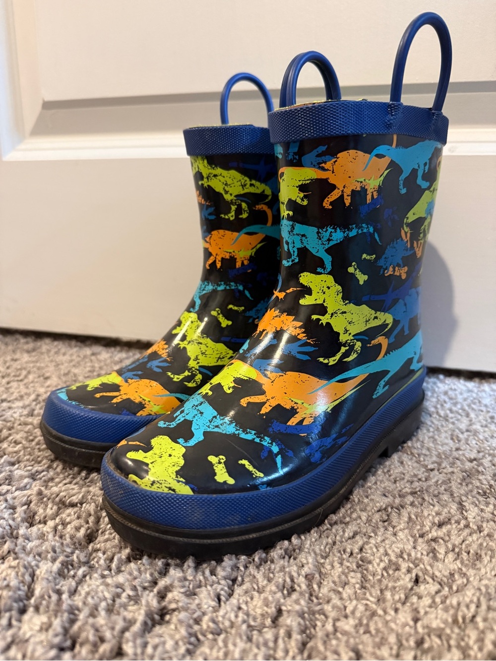 Children's Navy Blue & Black Dinosaur Rain Boots with Pull Handles size 11-12